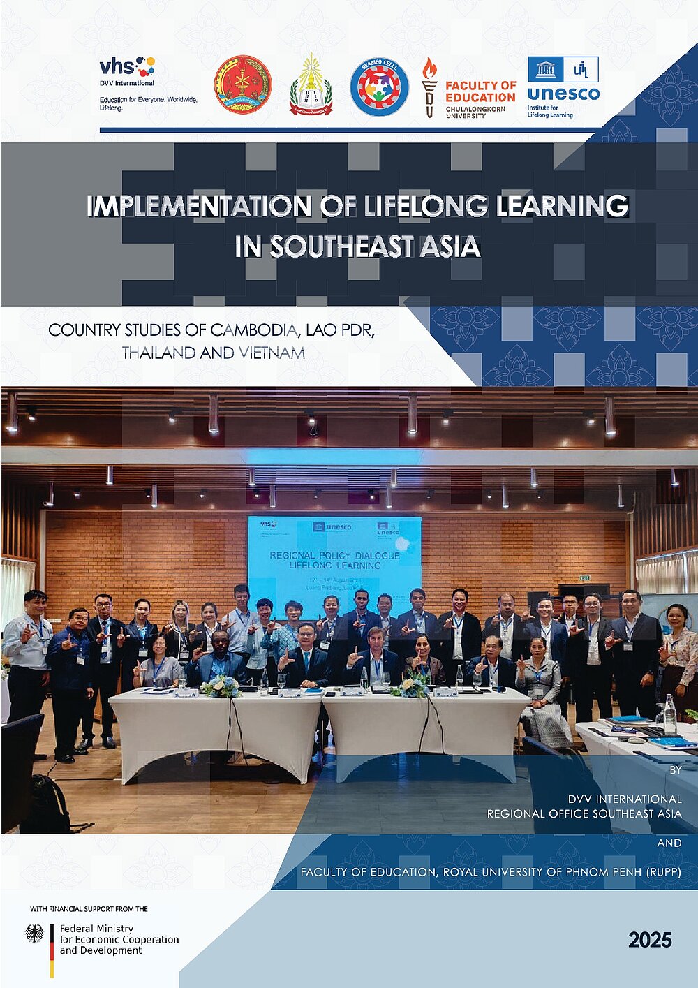 Cover of the study. Below the logos of the organizations are the title of the study and a group photo of conference participants forming an L with their right hands.