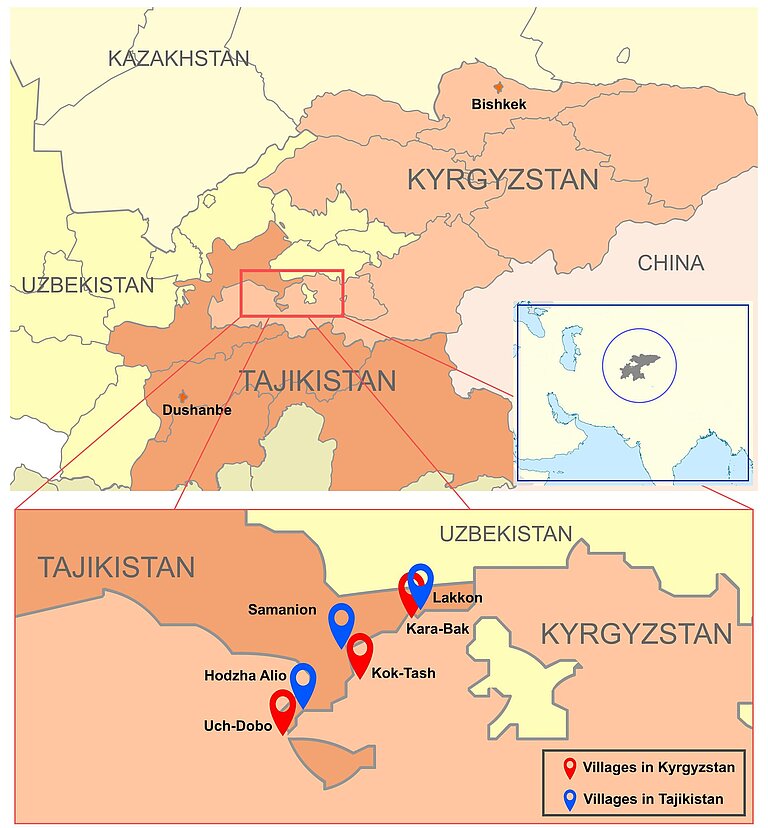 Map of the borders between Kyrgyzstan and Tajikistan