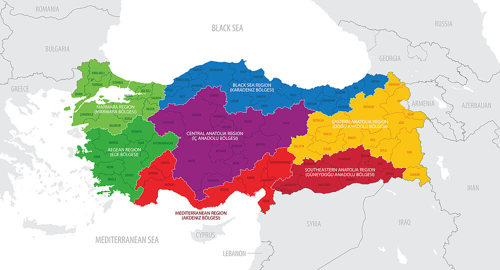 [Translate to English:] Map of Turkey showing regions