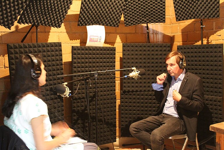 Christoph Jost gives an interview in the new radio production studio, Mexico. DVV International