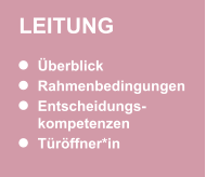 LEITUNG Überblick Rahmenbedingungen  Entscheidungs-kompetenzen Türöffner*in LEITUNG Überblick Rahmenbedingungen  Entscheidungs-kompetenzen Türöffner*in